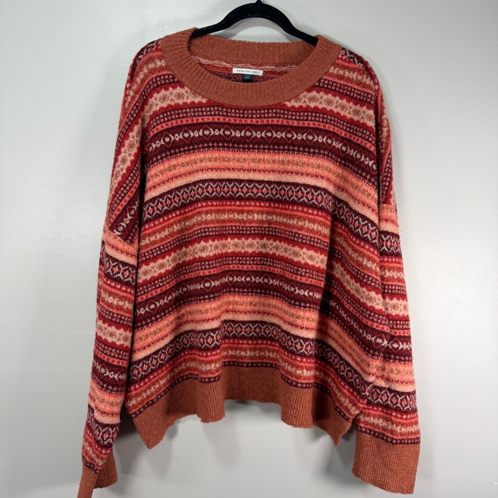American Eagle Womens XL Fair Isle Stripe Crewneck Sweater Rust Red Orange Knit